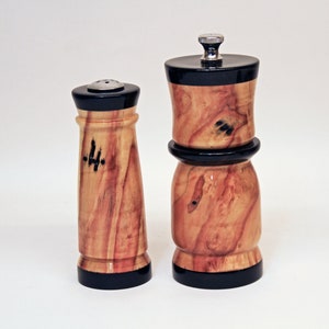 Box Elder and Ebony Pepper Mill Set with high quality USA Stainless Steel pepper grinder and high gloss polyurethane finish.