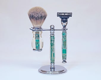 Unique 3-PC Circuit Board Razor set, for Gillette Fusion, Mach 3, or Safety Razor with Real Badger Hair Brush in Bright Chrome finish.