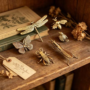 Ensemble de 6 ornements rétro en laiton représentant des insectes - Décoration artisanale pour la maison ou le bureau