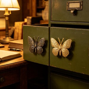 Op de afbeelding: Twee metalen vlindervormige ladeknoppen bevestigd aan een donkergroene kast. De linkerknop heeft een antieke bronskleurige afwerking, terwijl de rechterknop een heldere goudkleurige afwerking heeft. Beide knoppen tonen gedetailleerde vleugelpatronen.