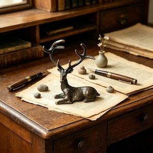 May include: A bronze-toned metal figurine of a deer in a resting position with prominent antlers. The deer is sculpted with detailed fur texture and curved antlers, serving as a decorative object placed on a piece of aged, cream-colored paper.