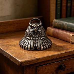 Könnte beinhalten: Eine bronzefarbene Metallglocke in Form einer Eule mit detailliertem Federkleid und einem runden Griff an der Oberseite. Die Eule hat markante Augen und einen Schnabel, wobei die Flügel nach unten gefaltet sind und den ausgestellten Glockenrand bilden.