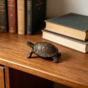 Op de afbeelding: Een kleine schildpadfiguur van donker bronskleurig metaal met een gedetailleerd, gestructureerd schild met een geometrisch patroon en een realistische kop- en ledematenstructuur, afgebeeld in een lopende houding met een gladde, metalen afwerking.