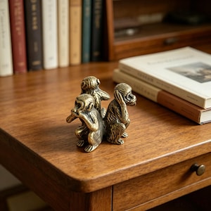 Peut inclure: Une figurine en laiton représentant trois singes assis en cercle, l'un se couvrant les yeux, l'autre les oreilles et le troisième la bouche. La sculpture métallique présente des textures de fourrure détaillées et une finition polie.