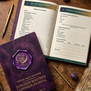 May include: A purple leather-bound Dungeon Master's Campaign Journal with gold accents, open to display campaign information and a table of contents. Includes a pen, dice, and a compass on a wooden surface. The journal is compatible with D&D 5e and 5.5e.