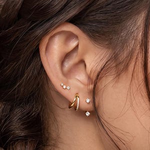 18K Gold Filled CZ Ear Stack Set,Geometric Stud Earrings,Huggie Hoop Earrings,Minimalist Cartilage Jewelry,Layered Earrings Gift For Her