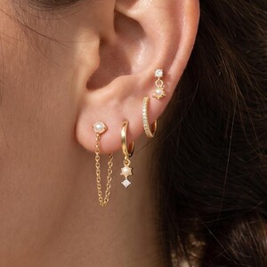 18K Gold Filled Pearl Ear Stack Set,CZ Chain Drop Earrings,Huggie Hoop Jewelry,Bridal Earrings Gift For Her