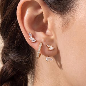 18K Gold Filled Leaf Ear Stack Set, CZ Studs, Pavé Huggie Hoops, Nature Inspired Layered