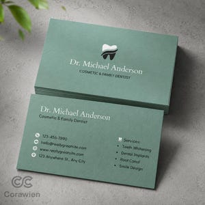 May include: A stack of sage green business cards for Dr. Michael Anderson, a cosmetic and family dentist. The cards feature a white tooth logo, contact information, and a list of dental services including teeth whitening and dental implants.