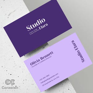 Visitekaartjes van een brandingbureau, creatieve studio, bezoek aan Bold Purple, op maat gemaakt, wereldwijde bezorging.