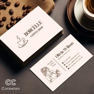 Op de afbeelding: Een stapel witte visitekaartjes en een enkel kaartje met het Borcelle Coffee Shop logo en een illustratie van een koffiekopje. Het kaartje toont de naam Olivia Wilson, de functietitel Barista/Waitress, contactgegevens en een lijntekening van een persoon die koffie inschenkt.