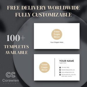 May include: Two white rectangular business card templates featuring beige circular logo placeholders, black text for contact details, and the printed text: FREE DELIVERY WORLDWIDE, FULLY CUSTOMIZABLE, 100+ TEMPLETES AVAILABLE, and Corawien Company.