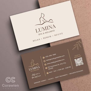 Op de afbeelding: Twee rechthoekige visitekaartjes voor Lumina Spa & Wellness. De bovenste kaart is crème met een bruin logo van een persoon die een massage krijgt, de tekst LUMINA SPA & WELLNESS, en RELAX • RENEW • REVIVE. De onderste kaart is bruin met contactgegevens, een QR-code en diensten.