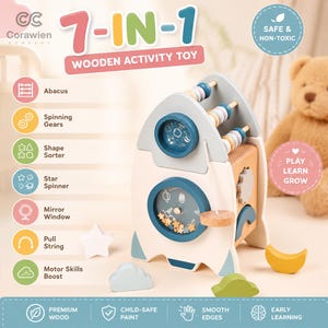 May include: A 7-in-1 wooden activity toy shaped like a rocket, featuring an abacus, spinning gears, a shape sorter, a star spinner, a mirror window, and a pull string. The toy includes loose wooden shapes like a star, cloud, and moon.