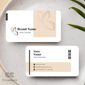 May include: Two rectangular business cards with rounded corners. The top card features a butterfly icon, the text Brand Name and YOUR TAGLINE. The bottom card displays Your Name, YOUR POSITION, contact details, and social media icons.