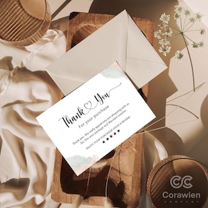 May include: A white rectangular thank you card with black script text that reads Thank You For your purchase. The card includes a five-star rating graphic and text asking for a review, accented with soft watercolor splashes in blue and pink tones.