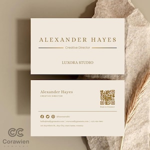 May include: Two rectangular business cards in cream with gold text. The top card displays ALEXANDER HAYES, Creative Director, and LUXORA STUDIO. The bottom card includes the name, title, a QR code, social media icons, and contact information.