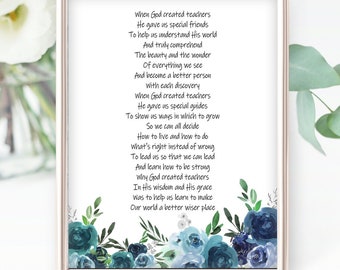 TEACHER GIFT Christian Religious Poem God Created Teachers PRINTABLE Diy Watercolor Greenery Floral Instant Download Print End of School