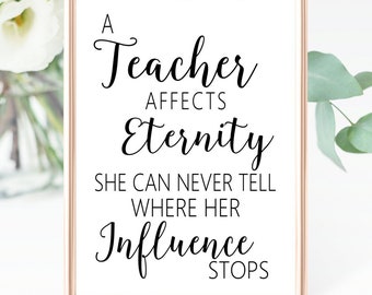 TEACHER SIGN, Instant Download Christmas Gift PRINTABLE Print, Quote Black White Appreciation A Teacher Affects Eternity, Wall Art Teacher