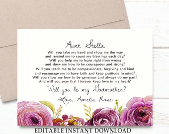 Will You Be My Godmother Card, Editable GODMOTHER PROPOSAL Pink Country Roses - Printable, Instant Download  7x5 or 8x10 Files