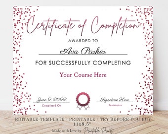 CERTIFICATE OF COMPLETION  Editable Template, Printable  Beauty Lashes Makeup Technician diy Add Your Words Printable Document
