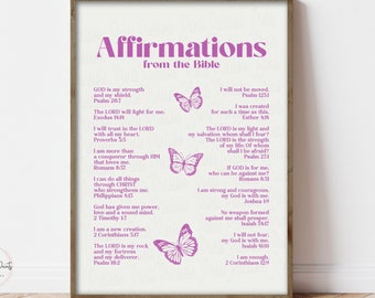 Scripture Affirmations Lavender Butterflies Retro Trendy Affirmations Printable Art Poster Bible Verses Boho Vintage Positive Download
