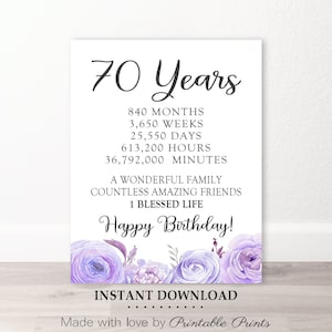 70 GEBURTSTAG ZEICHEN, DRUCKBARE Lila Blumen Poster Geschenk, Sofort herunterladbare digitale Datei, Andenken Geburtstag 70 Jahre