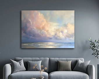 Vintage Ocean Seascape Printable Print, Cloud Wall Art, Calming Bedroom Decor Artwork Digital Download or Printed Aesthetic Blue Pink