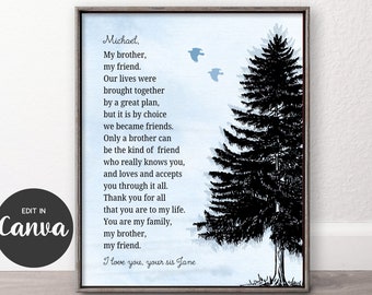 BROTHER GIFT, Editable Personalized Picture, PRINTABLE Art, Canva Template Instant Download, Gift from Sister or from Brother