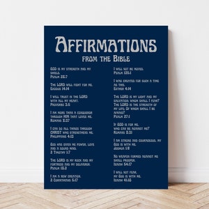 AFFERMAZIONI GIORNALIERE Scritture Retro Navy Blue Trendy Wall Art Stampe stampabili, Affermazioni del versetto della Bibbia, Download digitale di Poster cristiano