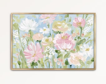 Wildflowers Pastel Print, Digital Printable Beach House Decor, Cottagecore Wall Art, Grandmillennial Art, Coastal Decor, Floral Landscape