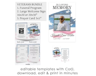 Veterans Funeral Program, Large Sign, Prayer Card - Editable Templates -  Flag BUNDLE, Memorial, Celebration of Life, Edit & Print, Download