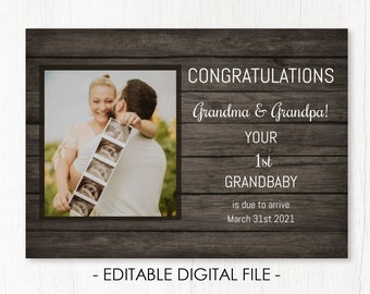 Editable GRANDPARENTS PREGNANCY ANNOUNCEMENT - 1st Baby - Photo Card - Digital Download - Edit, Save, Print - Wood Look