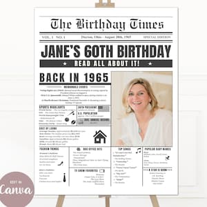 Year You Were Born 1965 Newspaper Printable Sign, Editable Canva Template, Personalized 60th Birthday Add Name, Photo Digital Download Print