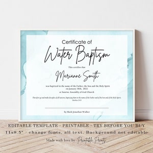 BAPTISM CERTIFICATE, Printable Template, Editable Digital Download, Modern Personalized, Certificate Gift, Edit and Print, Blue Watercolor image 2