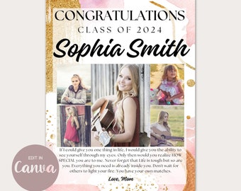 May include: A pink and gold graduation card with a collage of photos of a young woman. The card reads "Congratulations Class of 2024 Sophia Smith" and includes a message from her mother.
