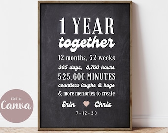 1 Year Together Anniversary Sign, Editable Printable 5X7, CANVA Template, Digital File Print Instant Download Gift for Boyfriend Girlfriend