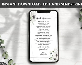 Personalized GODMOTHER PROPOSAL template, modern text message mobile electronic ecard, editable template for Godparent, Will you be my