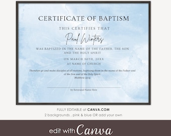 CERTIFICATE of BAPTISM Printable CANVA Template, Water Baptism Certification, Editable Digital Instant Download Boy or Girl, Church Template