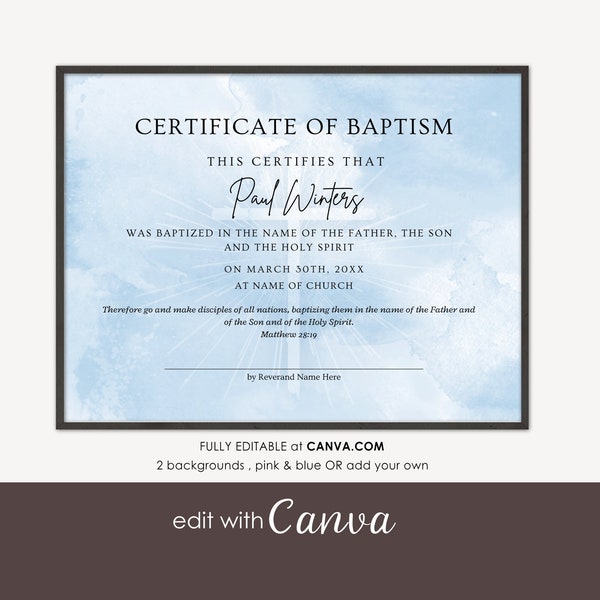 CERTIFICATE of BAPTISM Printable CANVA Template, Water Baptism Certification, Editable Digital Instant Download Boy or Girl, Church Template