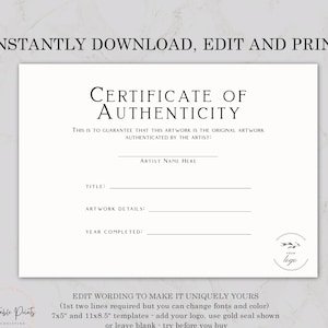 Certificate of Authenticity Template Editable Printable - Etsy