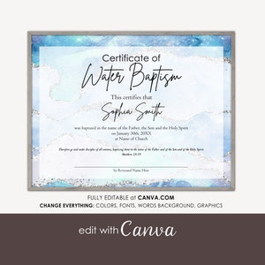 CERTIFICAAT voor doop afdrukbare afdruk digitale sjabloon CANVA, certificering waterdoop, bewerkbare download pdf, jpg blauw, zilveragaat