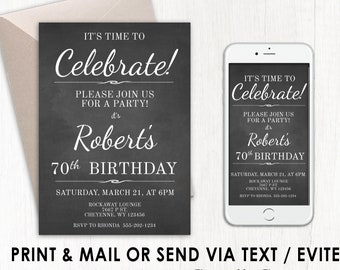 Editable 70th Birthday Invite Template - Party Invitation - INSTANT DOWNLOAD - ANY Age - Chalkboard, Black, White,  70 Years Celebration