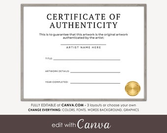 Certificate of Authenticity Template Canva, Editable Printable Document  11x8.5 Instant Download,  Modern Minimalist, Add Logo