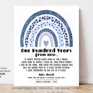 Teacher Gift Printable 100 Years from Now Poem,  Instant Download editable Personalized Template, Printable Print, Blue Glitter Teacher