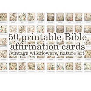 Christliche Affirmationen Karten Wildblumen Natur Vintage Kunst, 50 Bundle druckbare Drucke, 3x4 "+ gratis Poster, digitaler Download Schriften