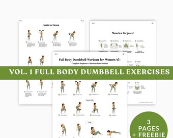 Dumbbell Workout for Women Vol 1 Full Body, 12 Beginner & Intermediate Planner Printable Chart Home Gym PDF Weights,  Free Tracker Over 40