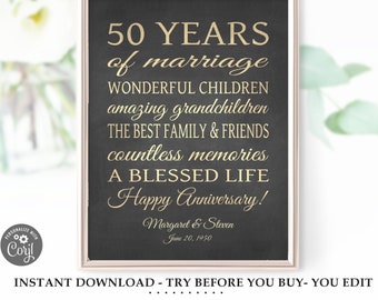 EDITABLE 50th ANNIVERSARY Template -Instant Download Digital File -pdf / jpg - Golden 50 Year Anniversary, Printable Print, Poster or Card