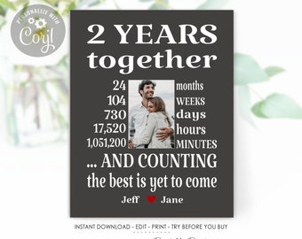 2 Year Anniversary Gift for BOYFRIEND, Template Custom Add Your Picture and Names, Editable Printable Print,  Valentines Day, Photo Gift