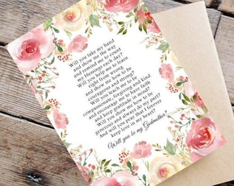 GODMOTHER PROPOSAL CARD Printable, Will You Be My Godmother, Printable Digital File Instant Download Roses Pinks Greens Jpeg File God Mother